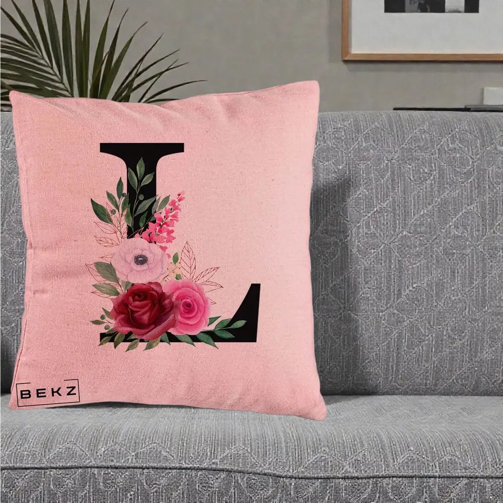 Cadou Personalizat - Perna Personalizata Monograma Florala Litera L, 40x40 cm, Roz, Husa Detasabila, Perna Inclusa, BEKZ®