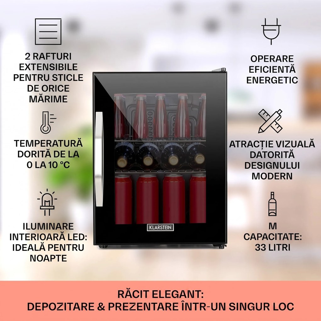 Klarstein Beersafe M Onyx, frigider, C, LED, 2 grătare metalice, ușă din sticlă, onyx