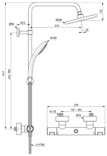 Coloana de dus cu baterie termostatata negru mat Ideal Standard IdealRain Ceratherm T25 furtun dus 160 cm