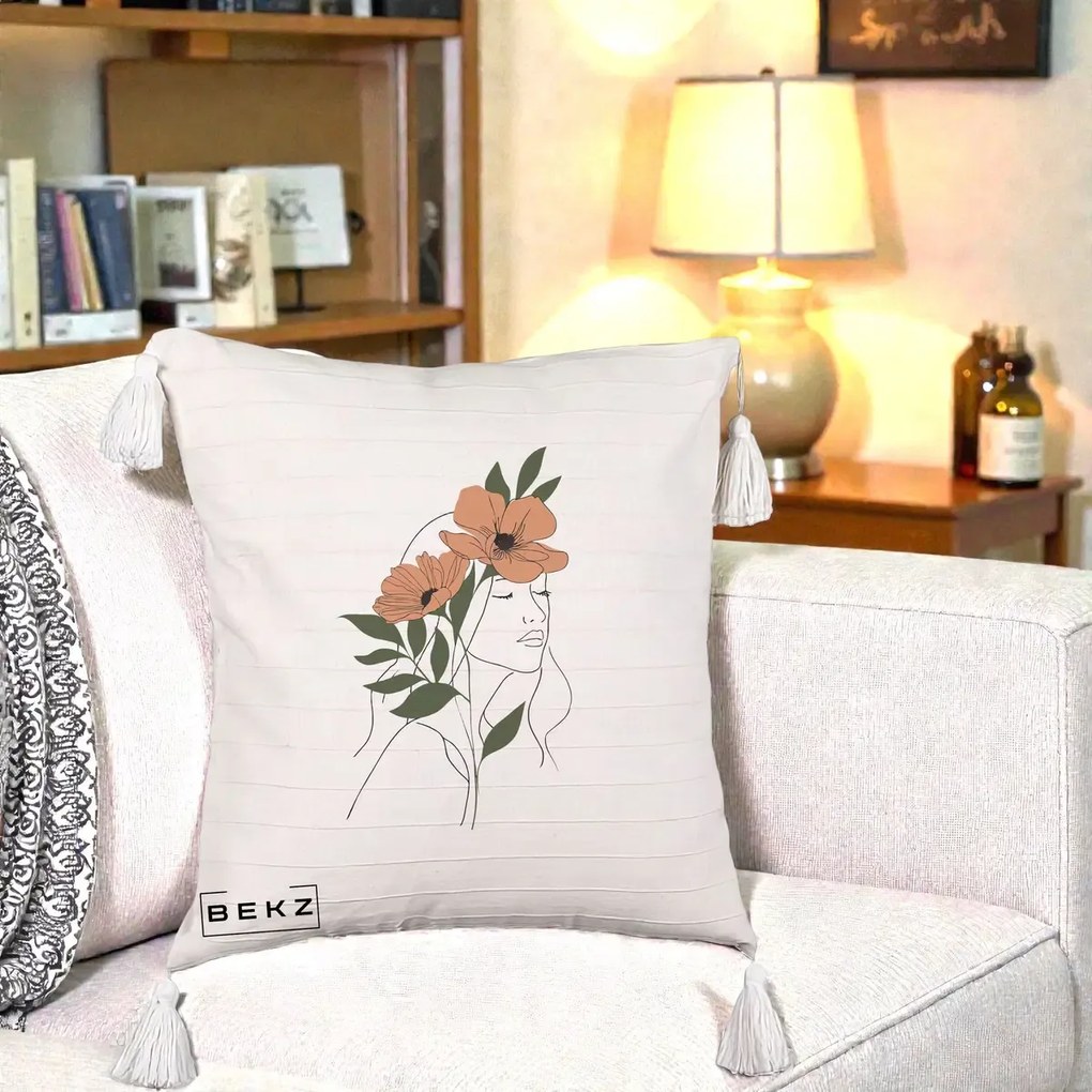 Perna Decorativa Portret Feminin Doua Maci Terracotta, 40x40 cm, Bej cu Franjuri, Husa Detasabila, Perna Inclusa, BEKZ®