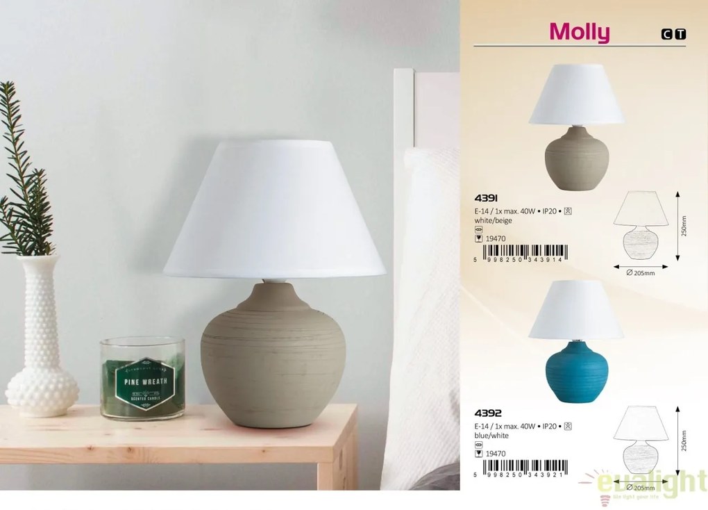 Veioza, lampa de masa din ceramica, finisaj bej/alb, diametru 20,5cm, Molly 4391 RX
