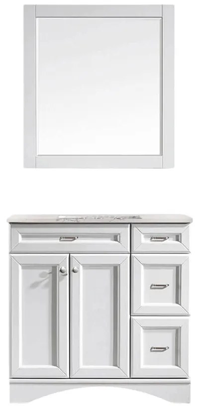Set mobilier baie, dulap lemn 3 sertare cu lavoar, blat quartz + oglinda rama lemn, Logos 91.4x55.8x86 cm, alb