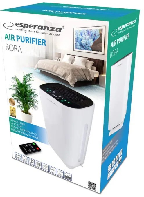 Purificator de aer Esperanza EHP003, 43W, 50 m2, 190 m³/h, 3 moduri, 3 viteze, LCD, HEPA, tactil, telecomandă, alb