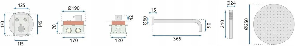 Set de dus incastrat Rea LUNGO cupru periat + BOX cu termostat