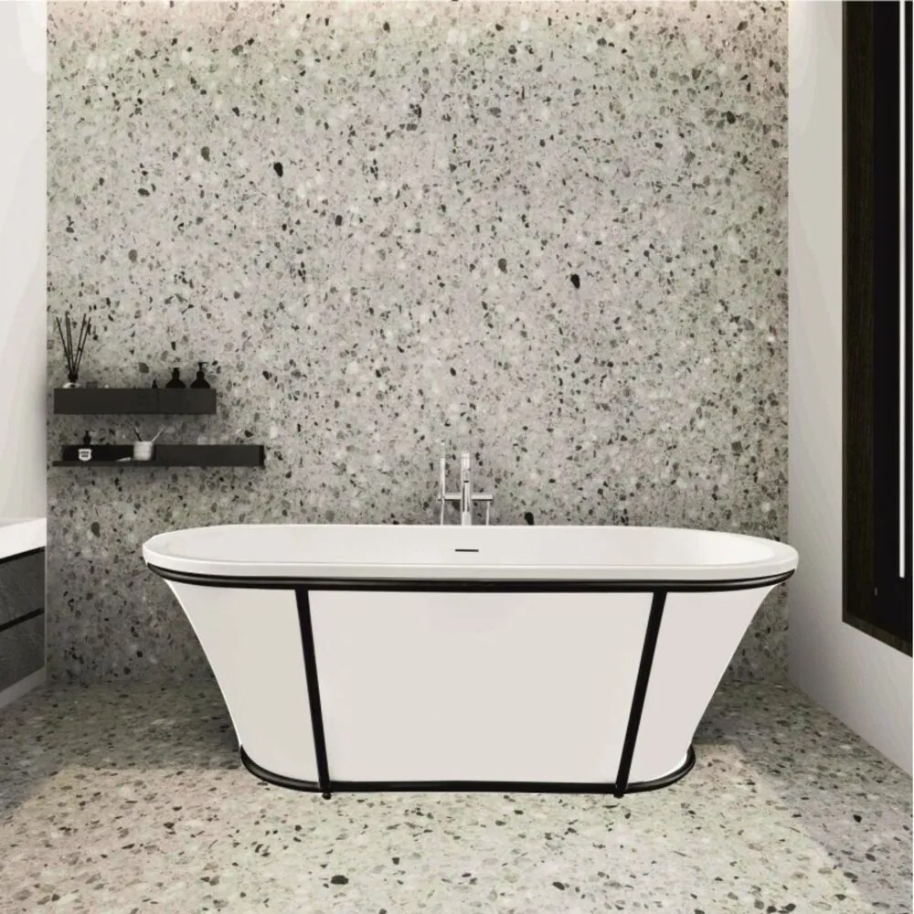 Cada freestanding Inter Ceramic acril alb-gri 163x72 cm cu cadru negru