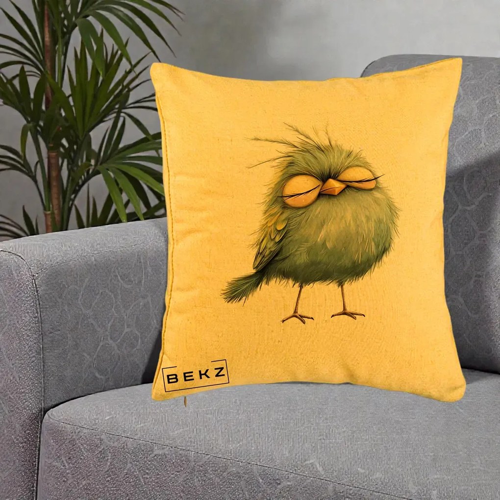 Perna Decorativa Pasare Teal Adormita cu Ochi Galbeni, 40x40 cm, Galben, Husa Detasabila, Perna Inclusa, BEKZ®
