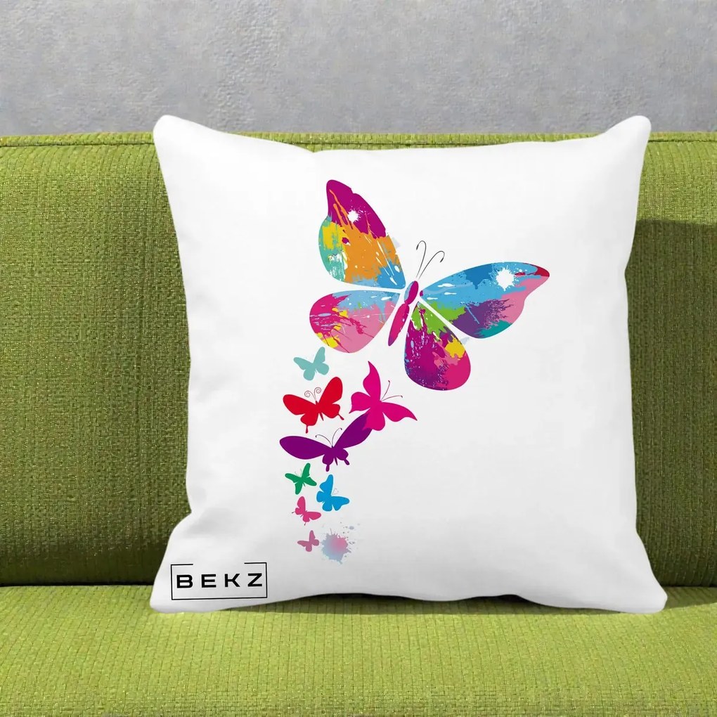 Perna Decorativa Fluturi Splash, 40x40 cm, Alba Mata, Husa Detasabila, Perna Inclusa, BEKZ®