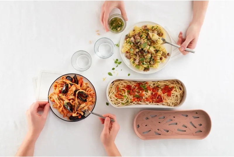 Vas pentru gatit paste in cuptorul cu microunde Lekue 1009032, 1,5 L, 28x11x11,2 cm, Silicon platinat, -20/+100 °C, Alb/Maro