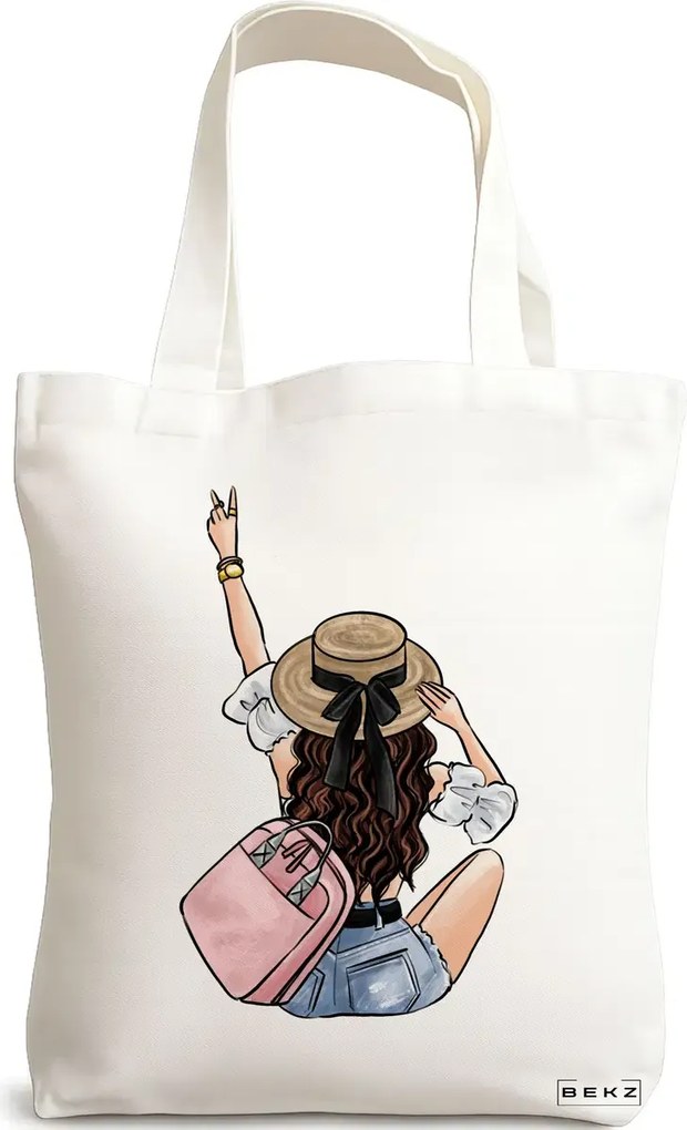 Sacosa de Panza pentru Cumparaturi, Geanta Tote Travel Girl 9, 38x34.5 cm, Alba, BEKZ®