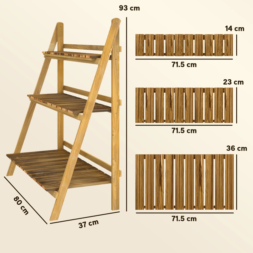 Outsunny Suport pentru Plante Pliabil, Jardinieră cu 3 Niveluri, Raft de Exterior pentru Plante, 80x37x93 cm, Lemn Natural | Aosom Romania