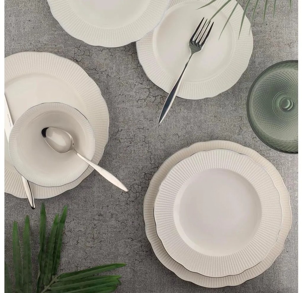 Set de veselă 26 piese, porțelan bone china, alb/argintiu/ivoriu