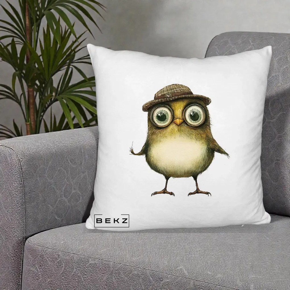 Perna Decorativa Pui Intelectual cu Palarie Tweed, 40x40 cm, Alb Pufos, Husa Detasabila, Perna Inclusa, BEKZ®