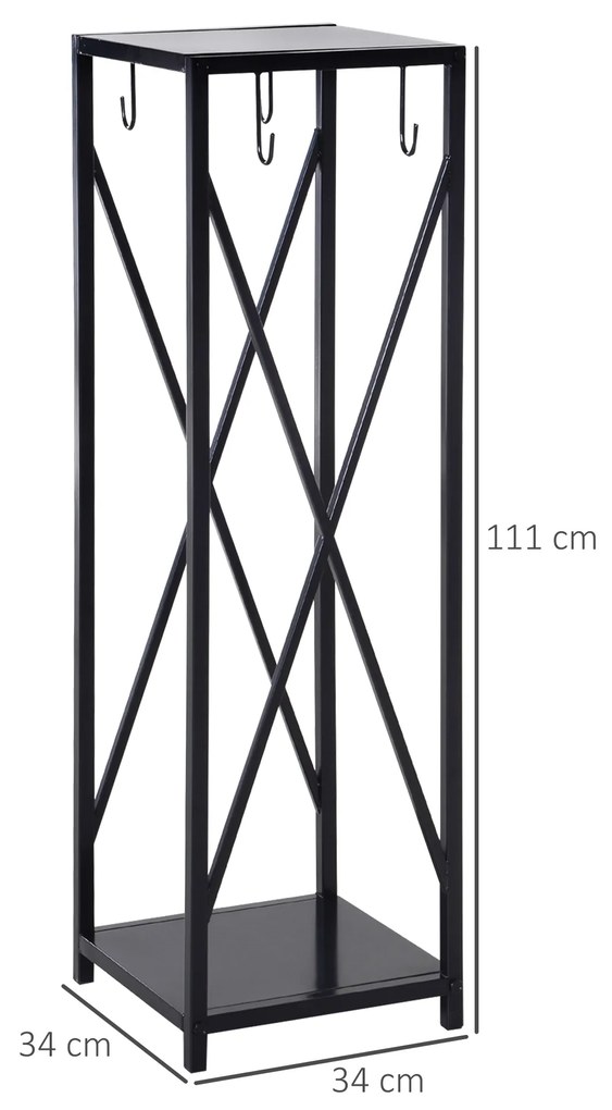 Suport lemne de Interior si Exterior cu economisire de spatiu din Metal cu Paleta, Matura, Vatrai si Cleste 34x34x111cm Negru Outsunny | Aosom Romania