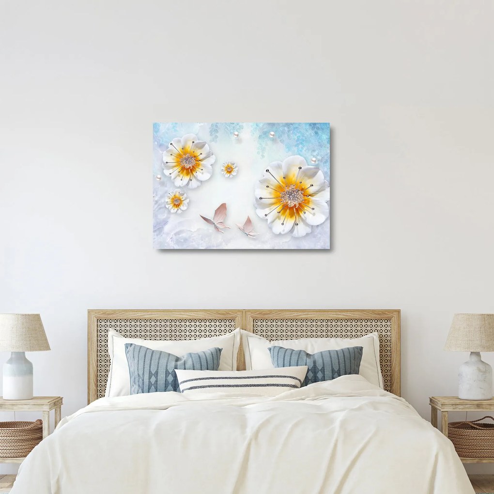 Tablou pe sticlă - Copoziția flori și fluturi (70x50 cm)