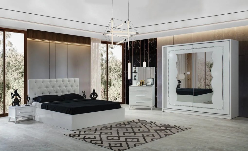 Dormitor Pirlanta, culoare alb, cu pat tapitat 160 x 200 cm, dulap cu oglinda 200 cm, comoda si 2 noptiere