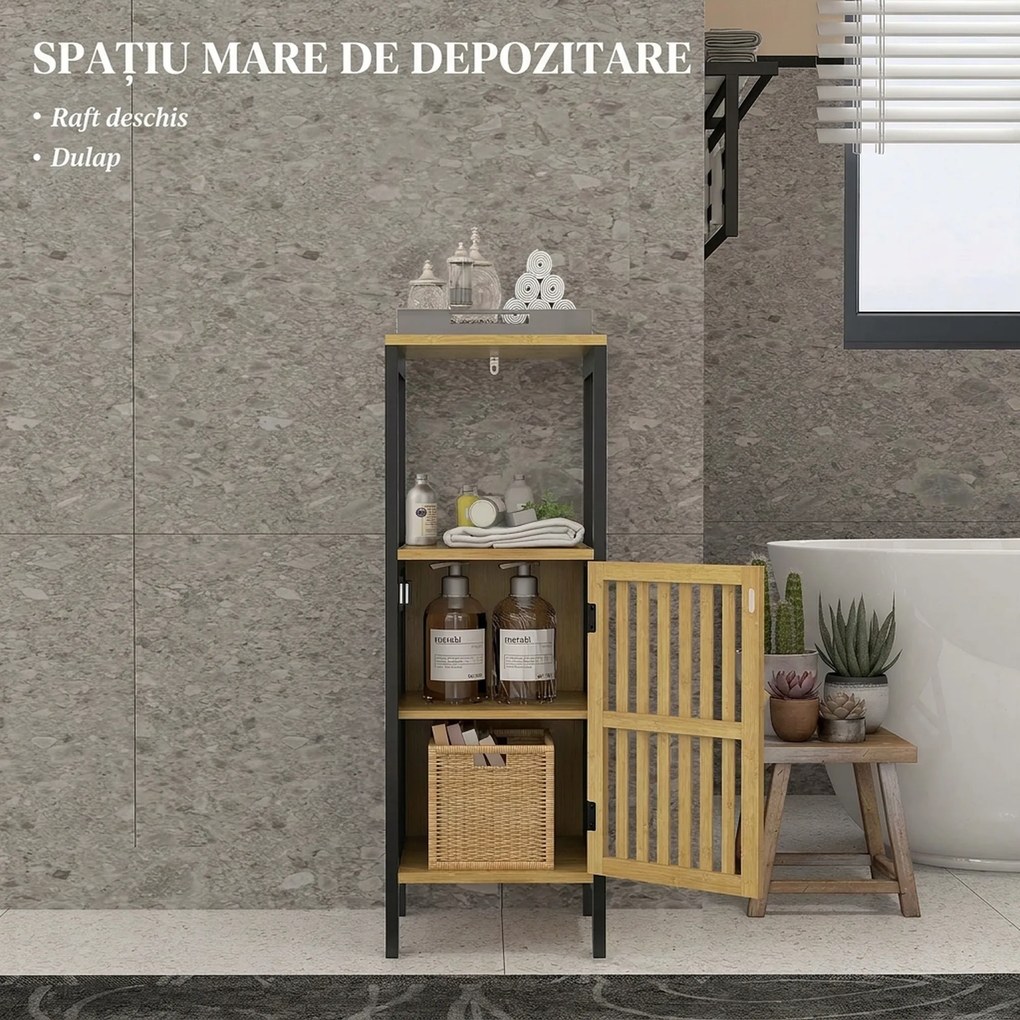 HOMCOM Dulap de Depozitare Îngust, Dulap de Baie Mic din Bambus cu Compartiment Deschis și Raft Reglabil, 32x30x90.5 cm, Negru | Aosom Romania