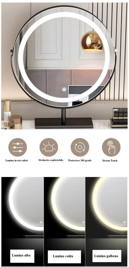 RESIGILAT Set Margot, Masă de toaletă pentru machiaj cu oglindă iluminată LED, control touch, 6 sertare, comoda, scaun, Difuzor Bluetooth, zona încărcare fără fir, Alb