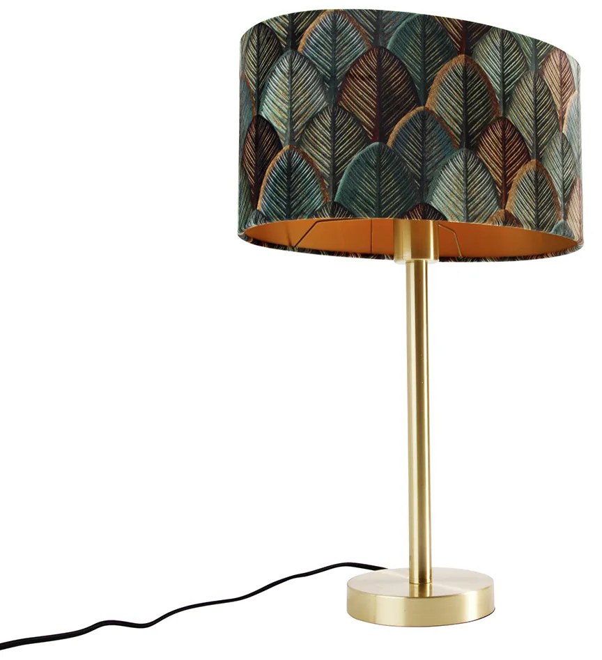 Lampă de masă alamă cu abajur oval din catifea cu design de frunze 35cm - Simplo