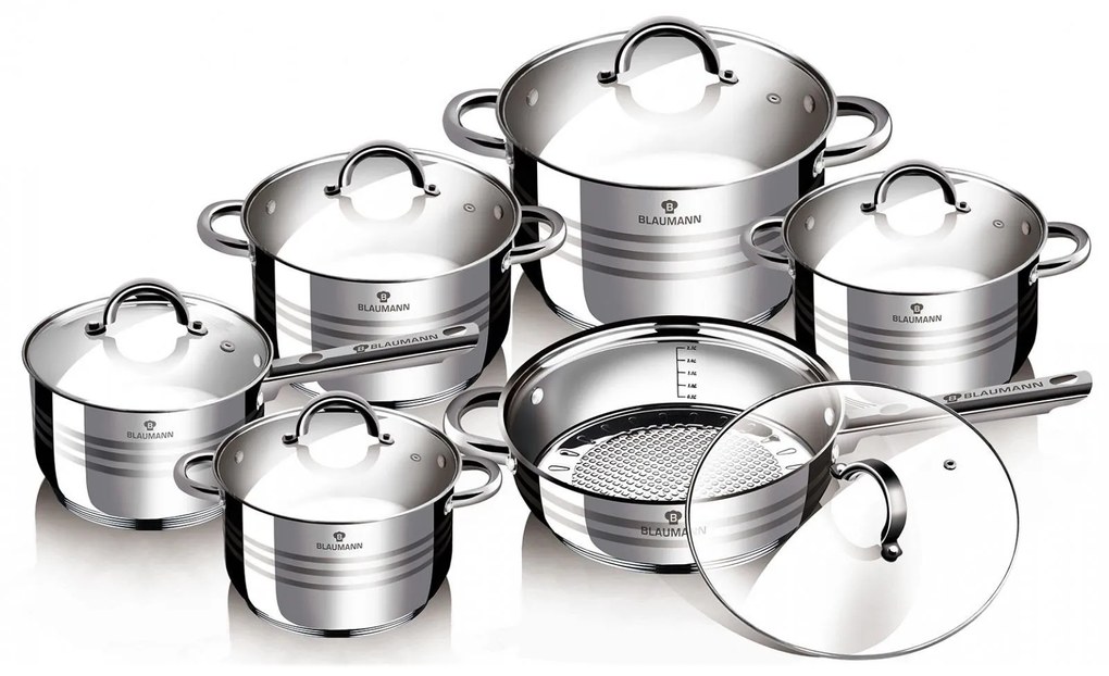 Set oale si tigaie inox 12 piese cu capace de sticla, de calitate, gatire sanatoasa,  Gourmet Line Blaumann BL 1410