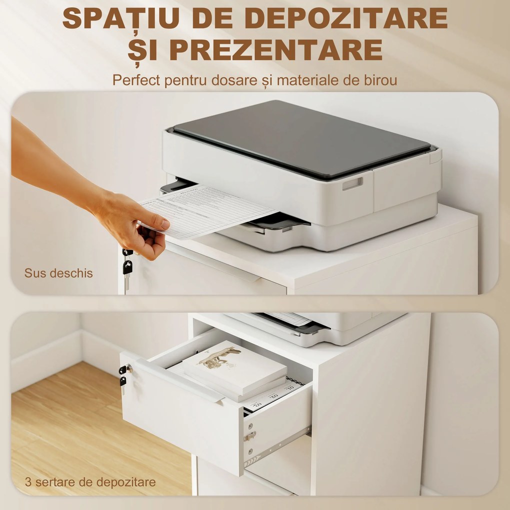 HOMCOM Dulap de Birou cu 3 Sertare cu Chei și 4 Rotile Alb și Gri | Aosom Romania