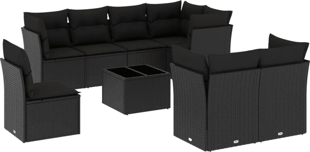 vidaXL Set mobilier de grădină cu perne, 9 piese, negru, poliratan