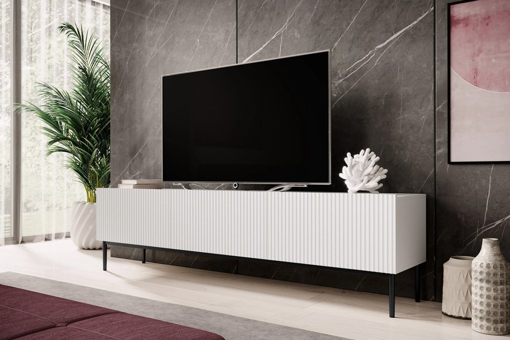 Comodă TV Nicole 200 cm cu picioare metalice și sertar - alb mat / picioare negre
