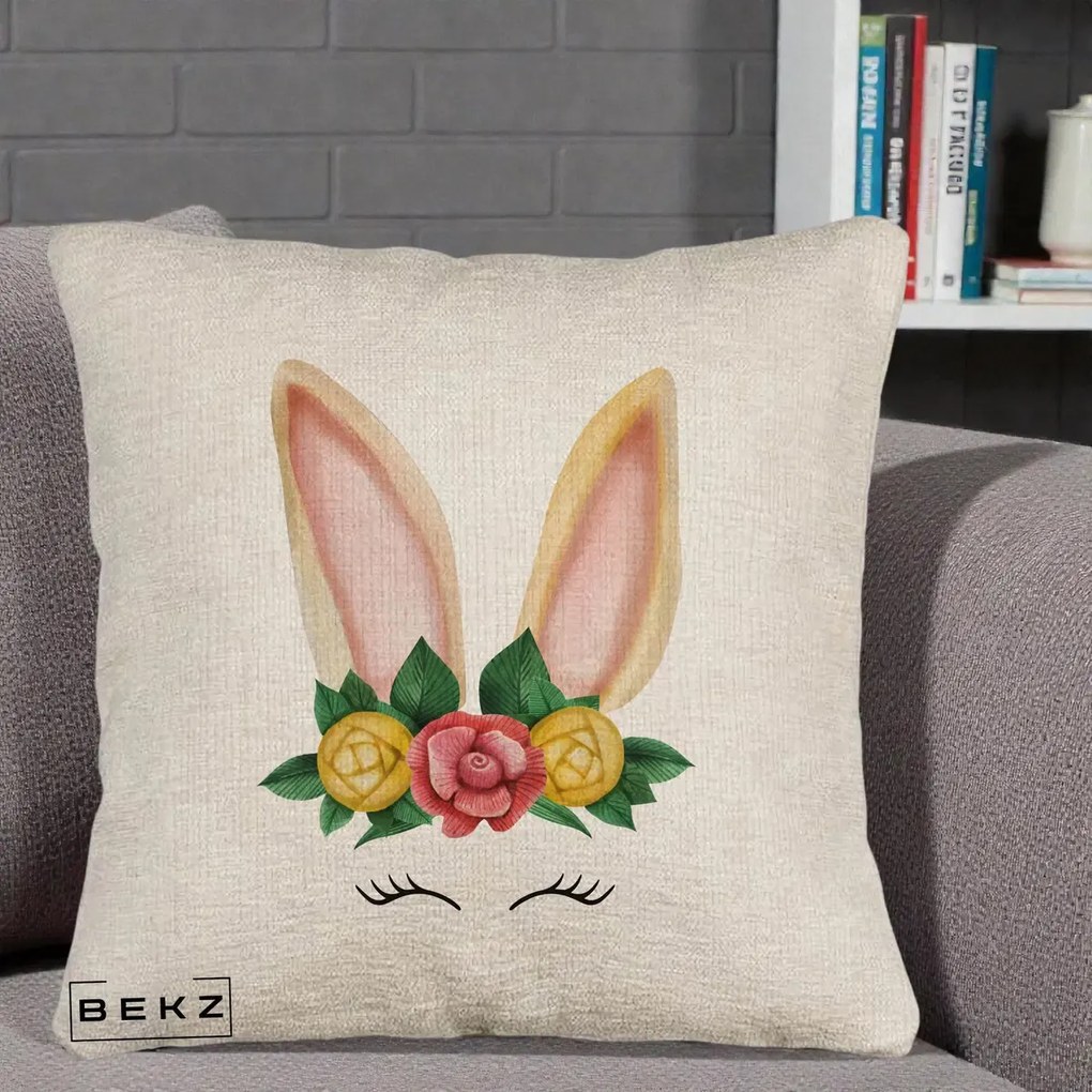 Perna Decorativa Iepuras Flori Urechi Pastelui, 40x40 cm, Bej Canapea, Husa Detasabila, Perna Inclusa, BEKZ®