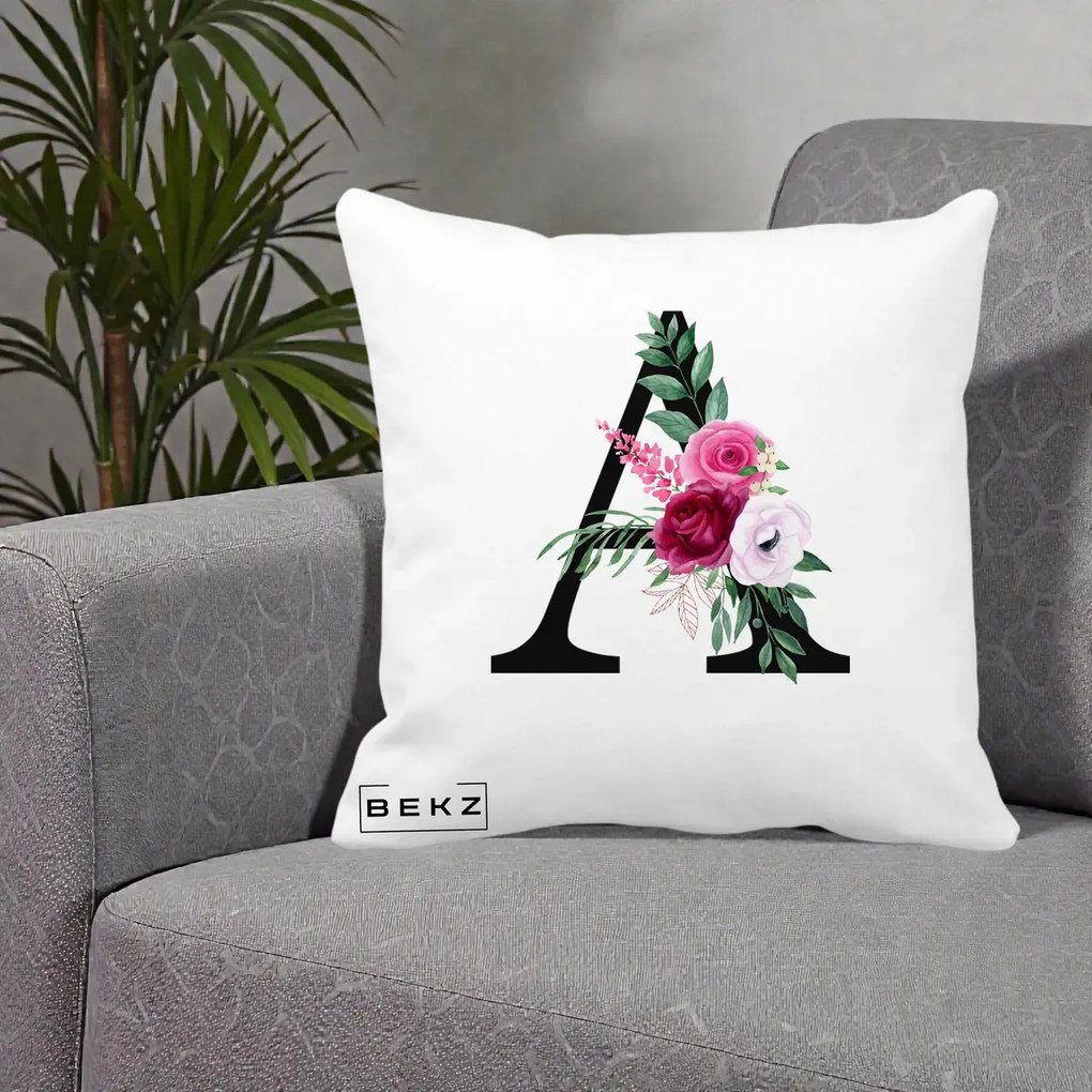 Cadou Personalizat - Perna Personalizata Monograma Florala Litera A, 40x40 cm, Alba Mata, Husa Detasabila, Perna Inclusa, BEKZ®