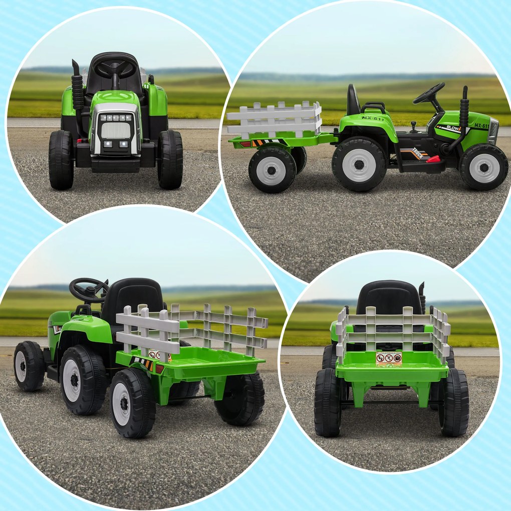 HOMCOM Tractor Electric cu Remorcă Detașabilă, Telecomandă, Muzică și Claxon, pentru Copii de 3-6 Ani, 136,5x50x52,5 cm, Verde | Aosom Romania