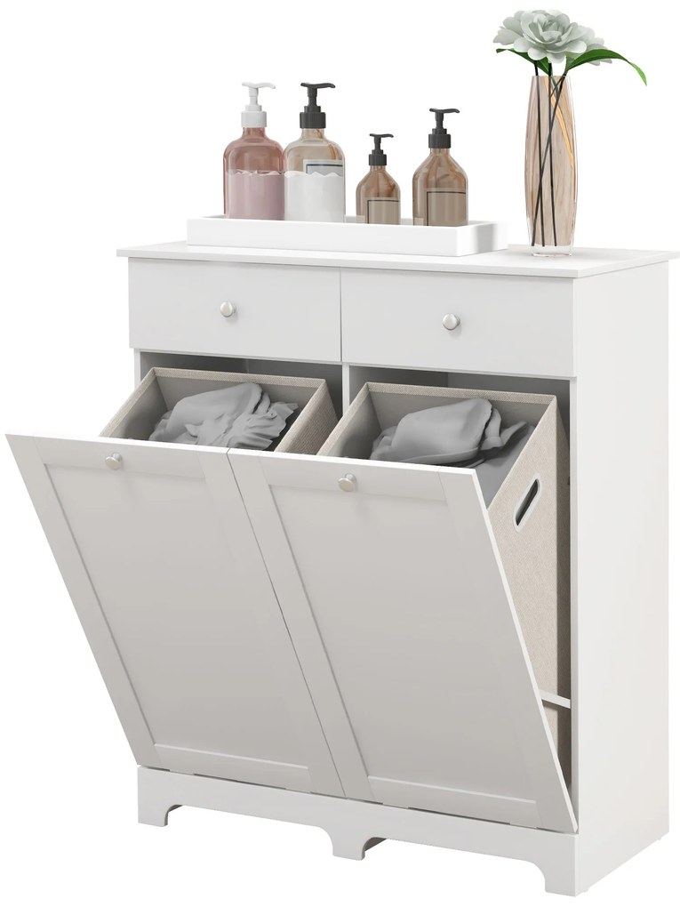 HOMCOM Dulap de baie, mobilier de stocare, cu coșuri pentru rufe pliabile 2 sertare, 78L x 40l x 90,5H cm, alb | Aosom Romania
