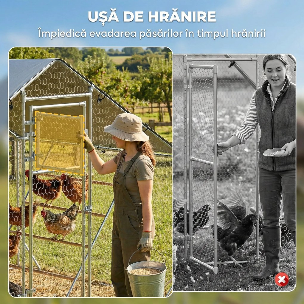 PawHut Coteț pentru Găini cu Copertină Impermeabilă și Rezistentă la UV, 300x200x195 cm, Argintiu | Aosom Romania