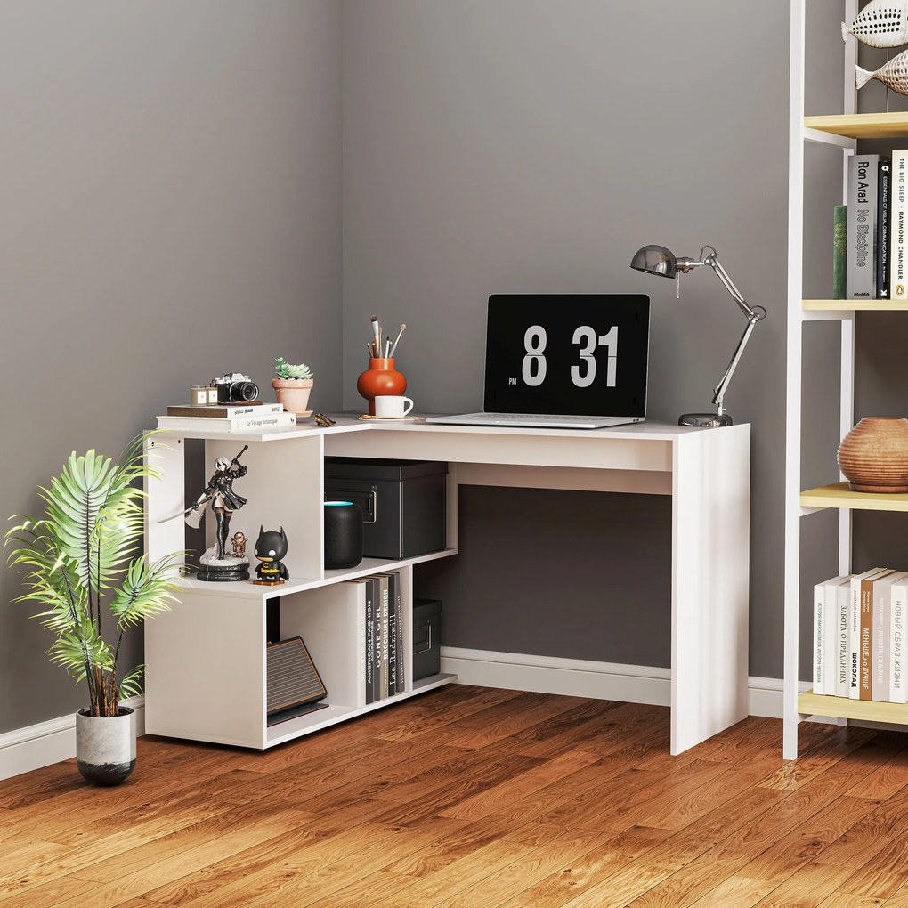 HOMCOM Birou Modern de Colț pentru Birou cu 4 Rafturi din Lemn, Alb, 120x100x77 cm | Aosom Romania