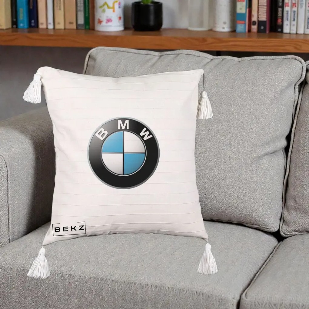 Perna Personalizata cu emblema BMW, 40x40 cm, Bej cu Franjuri, Husa Detasabila, Perna Inclusa, BEKZ®