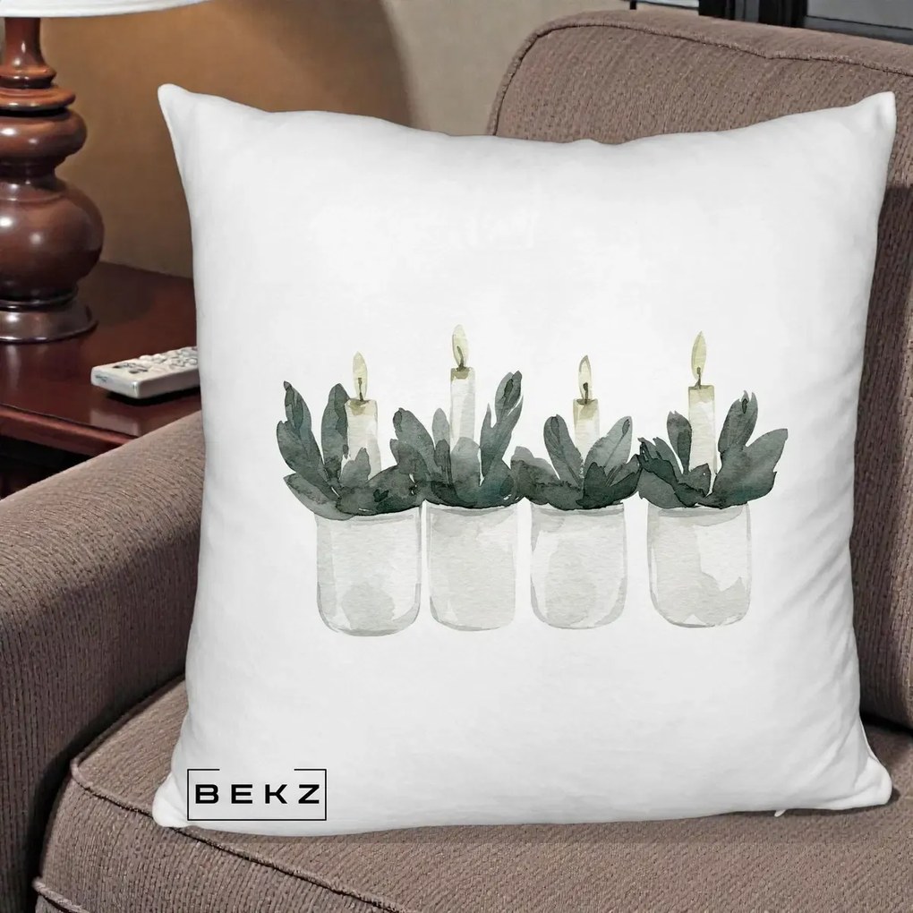 Perna Decorativa Lumanari in Borcane cu Eucalipt, 40x40 cm, Alb Pufos, Husa Detasabila, Perna Inclusa, BEKZ®