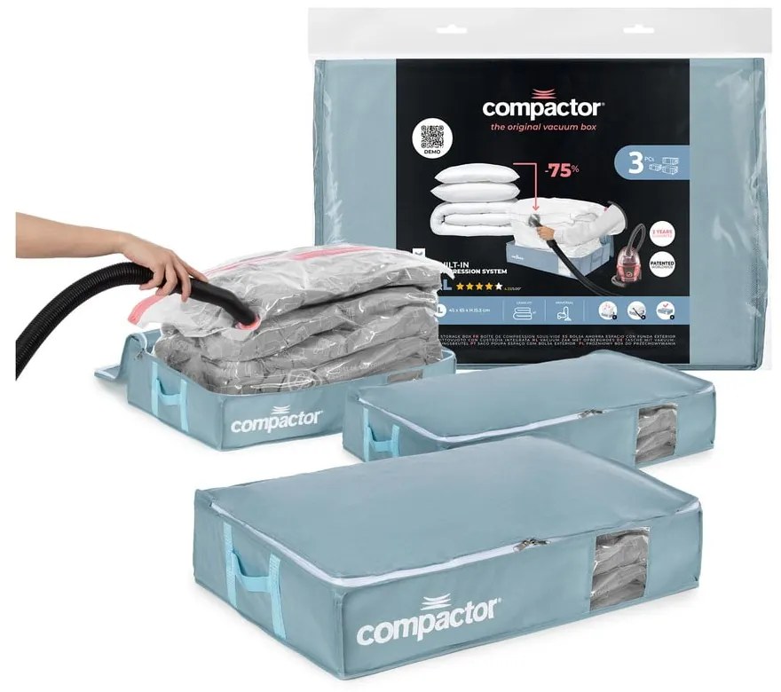 Cutii de depozitare sub pat 3 buc. din plastic cu vacuum 65x45x15,5 cm Blue Edition – Compactor