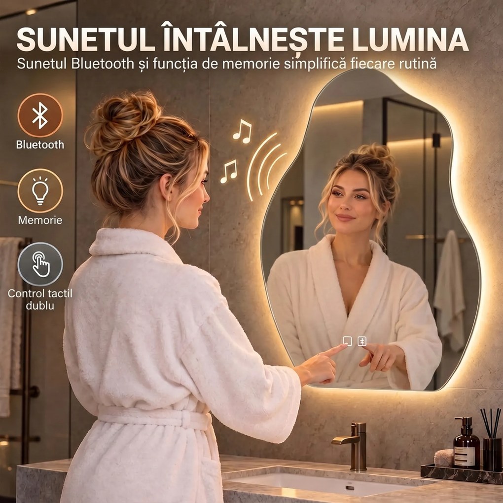 HOMCOM Oglindă baie LED 80 x 60 cm, 3 culori, design neregulat, Bluetooth, antiaburire, touch | Aosom Romania