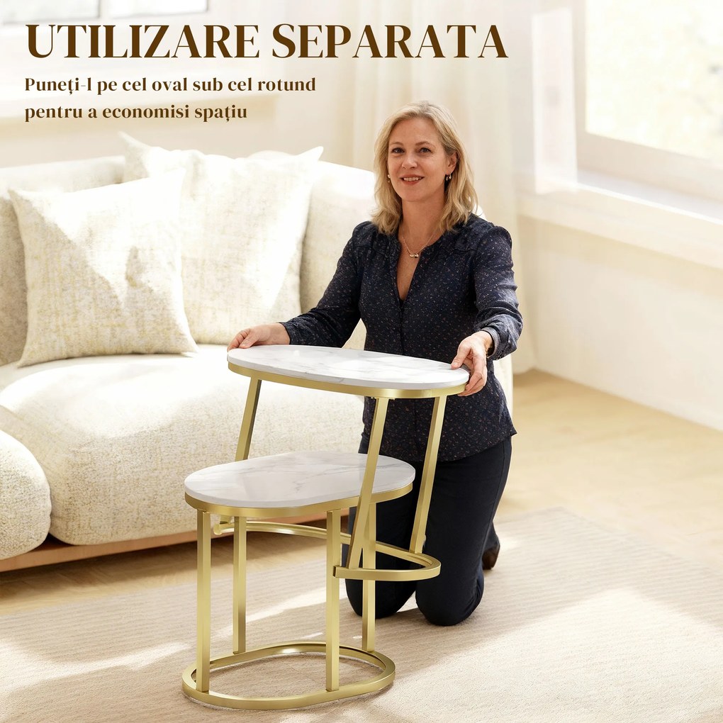 HOMCOM Set 2 Măsuțe de Cafea cu Blat cu Efect de Marmură din MDF și Oțel, Ø50x50.5 cm și 60x36x43.5 cm, Alb și Auriu | Aosom Romania