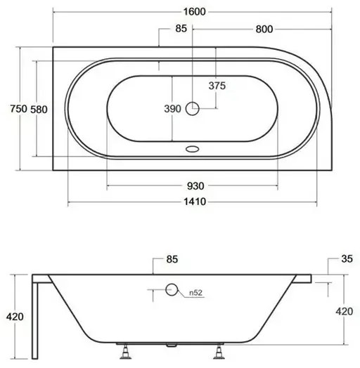 Cada asimetrica Besco Avita 160x75 cm alb lucios cu montaj dreapta