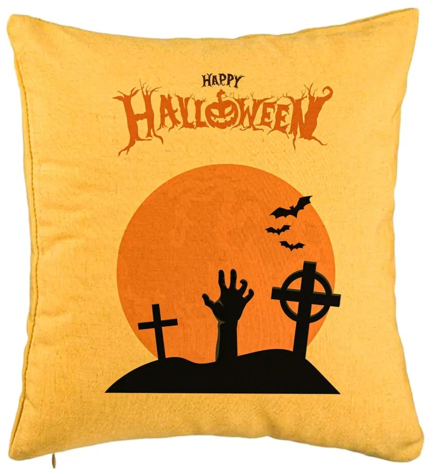 Perna Decorativa cu motiv de Halloween 2, 40x40 cm, Galben, Husa Detasabila, Burduf