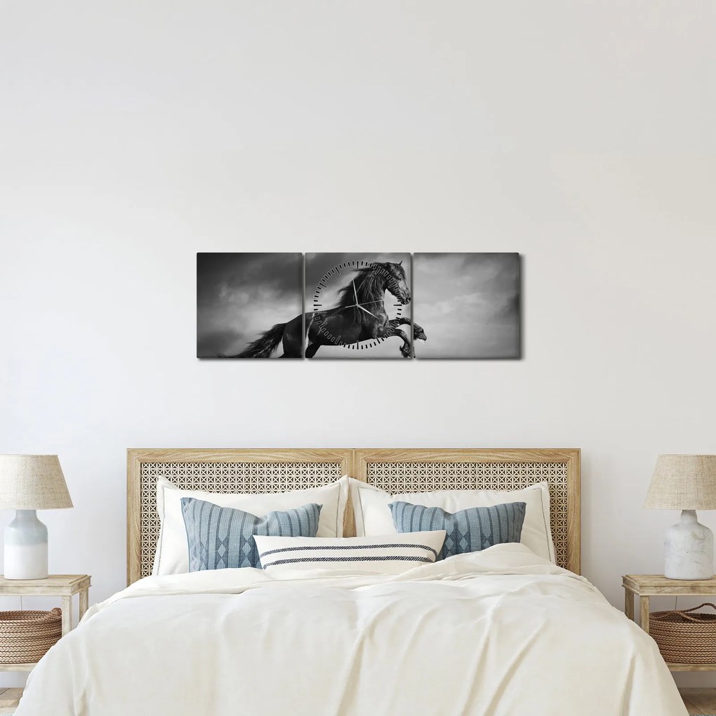 Tablou - Cal alb și negru (cu ceas) (90x30 cm)