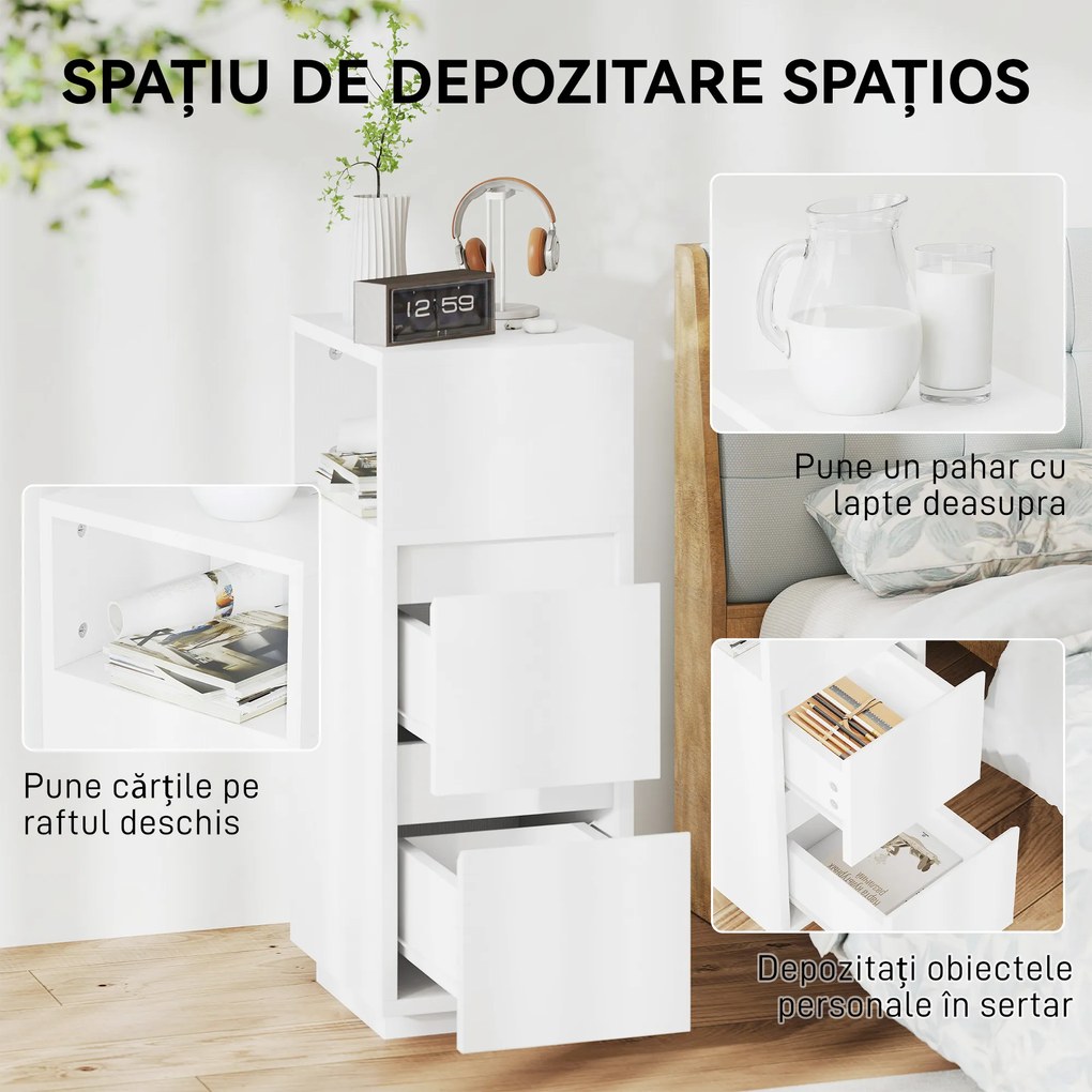 HOMCOM Set de 2 Noptiere Înalte și Subțiri pentru Dormitor cu 2 Sertare și Raft Deschis, Noptiere Moderne Economisitoare de Spațiu, Măsuțe pentru Divan, Sufragerie și Dormitor, 25x30x65 cm, Alb | Aosom Romania