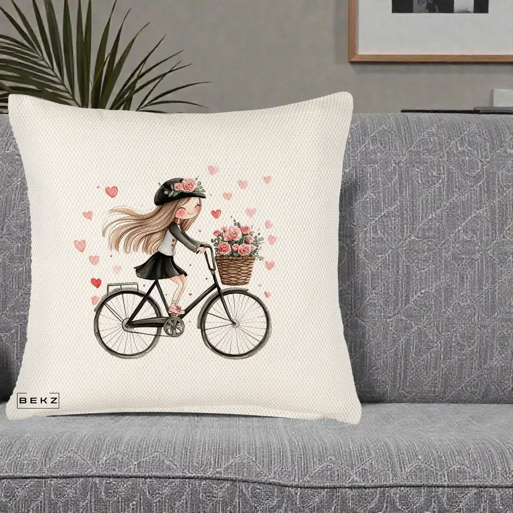 Perna Decorativa Fetita Kawaii pe Bicicleta cu Trandafiri si Inimioare, 40x40 cm, Crem Reliefat, Husa Detasabila, Perna Inclusa, BEKZ®