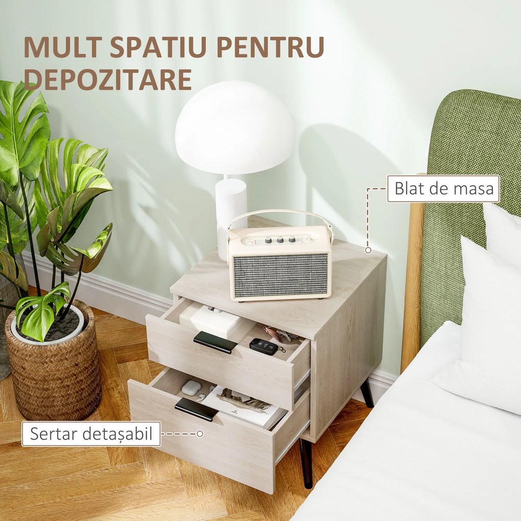 HOMCOM Set de 2 Noptiere cu 2 Sertare pentru Dormitor sau Camera de Zi, 40x40x50 cm, Lemn Natural | Aosom Romania