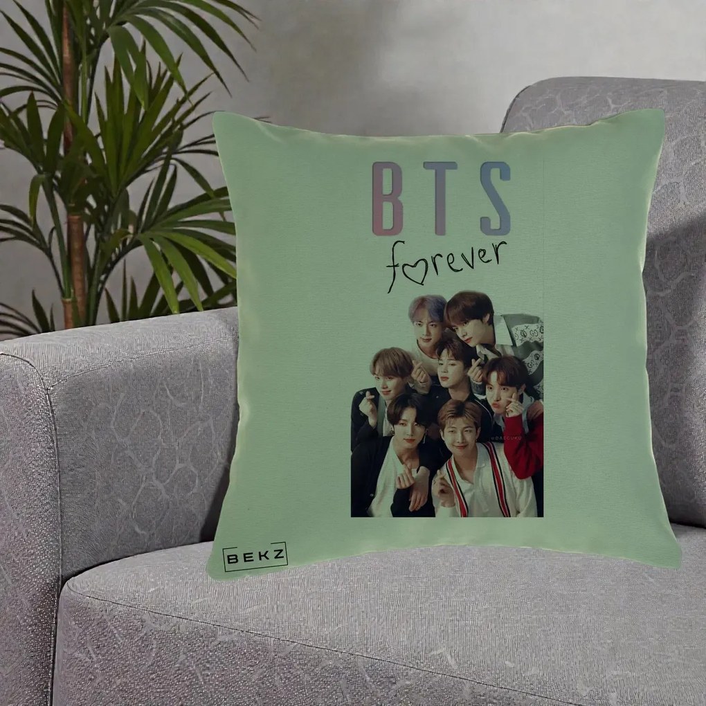 Perna Personalizata K-pop BTS Forever cu Foto Grup Negru, 40x40 cm, Verde, Husa Detasabila, Perna Inclusa, BEKZ®