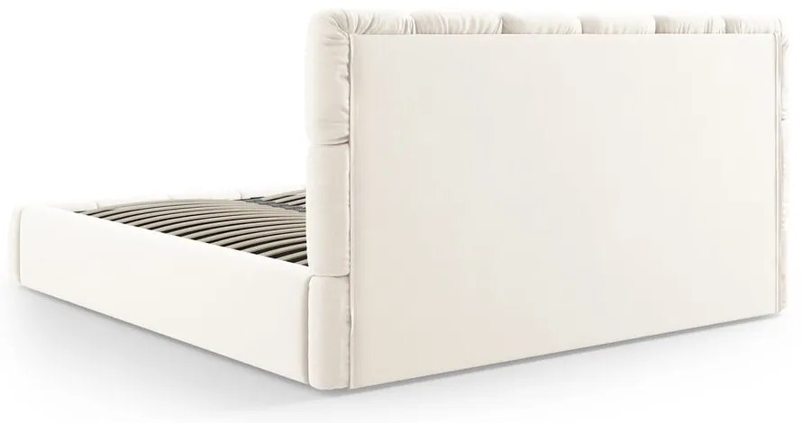 Pat matrimonial crem tapițat din catifea cu spațiu de depozitare cu somieră 140x200 cm Bellis – Micadoni