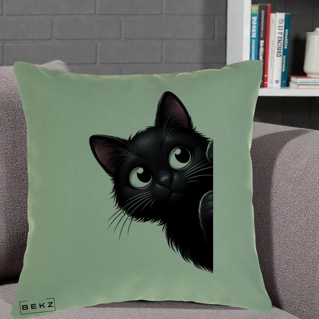 Perna Decorativa Pisica Neagra Dragalasa Curioasa, 40x40 cm, Verde, Husa Detasabila, Perna Inclusa, BEKZ®