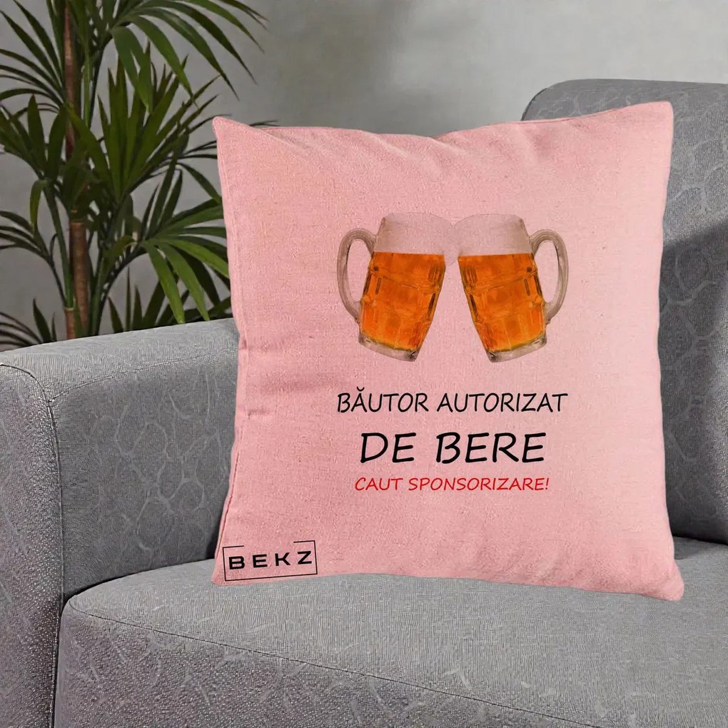 Perna Decorativa Bautor Autorizat de Bere, 40x40 cm, Roz, Husa Detasabila, Perna Inclusa, BEKZ®