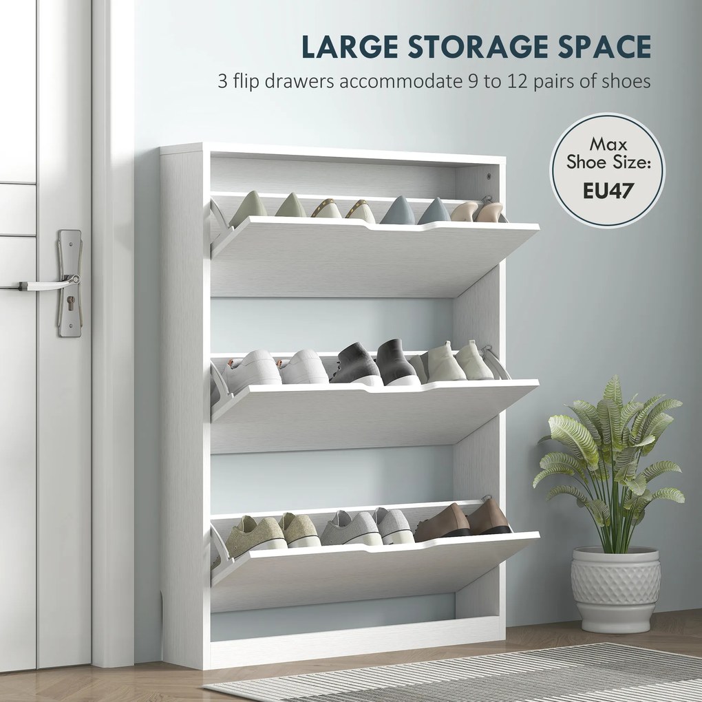 HOMCOM Dulap Subțire cu 3 Uși Rabatabile, pentru 12 Perechi de Pantofi, 80x17x108 cm, Alb | Aosom Romania