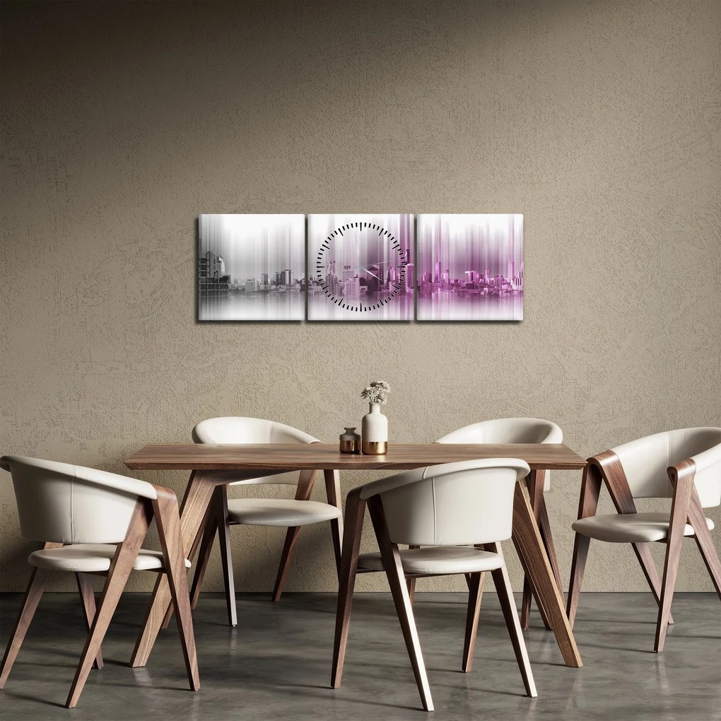 Tablou - Panorama orașului, roz-gri (cu ceas) (90x30 cm)