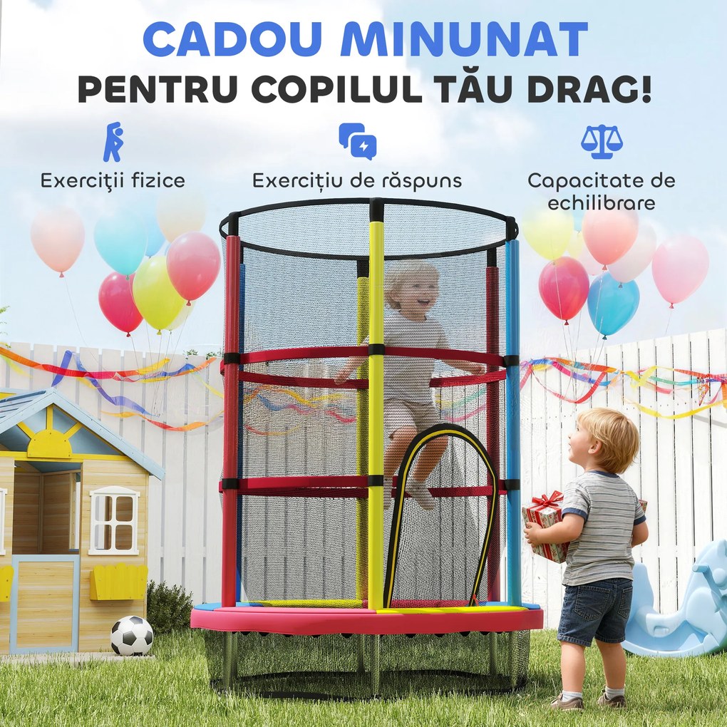 HOMCOM Trambulină pentru Copii 3-6 Ani cu Plasă de Siguranță, Fără Arcuri, Picioare în L, pentru Interior și Exterior, Ø160x190 cm, Multicolor | Aosom Romania